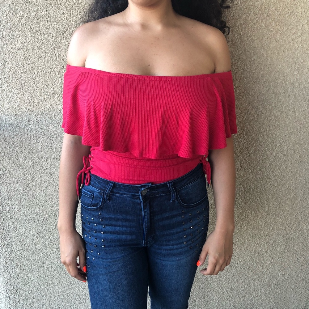 Red Bardot Lace Bodysuit size Medium